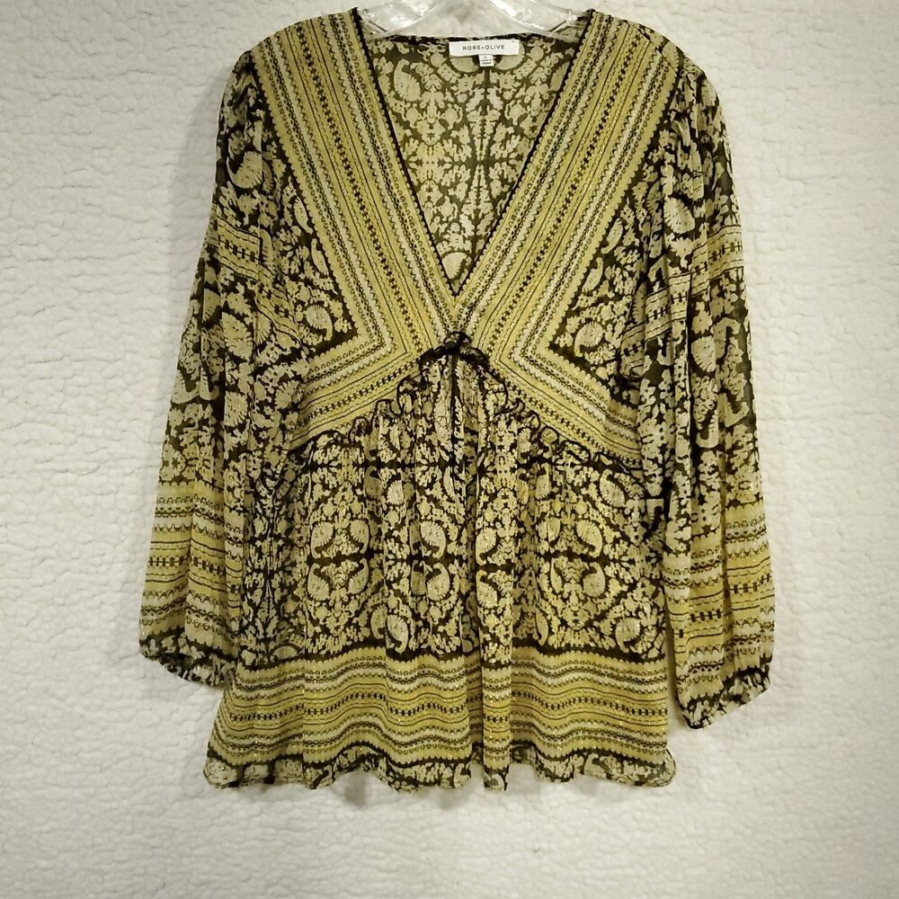 Rose + Olive Bohemian Tunic Blouse L Multicolor Shimmer V-Neck 3/4 Sleeve